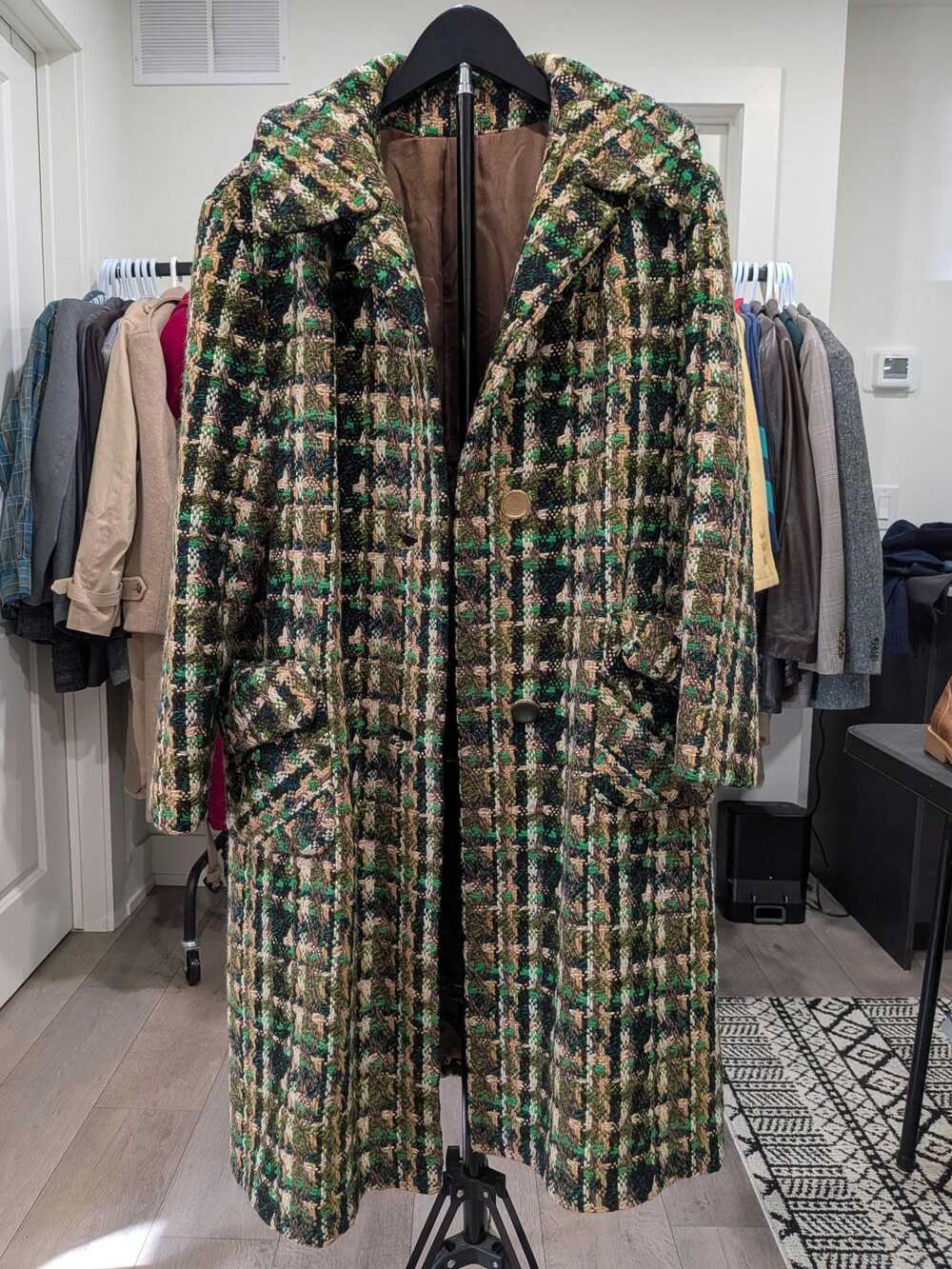 Vintage Dalecraft Tweed Green Plaid Wool Blend Long Coat Women's 1X